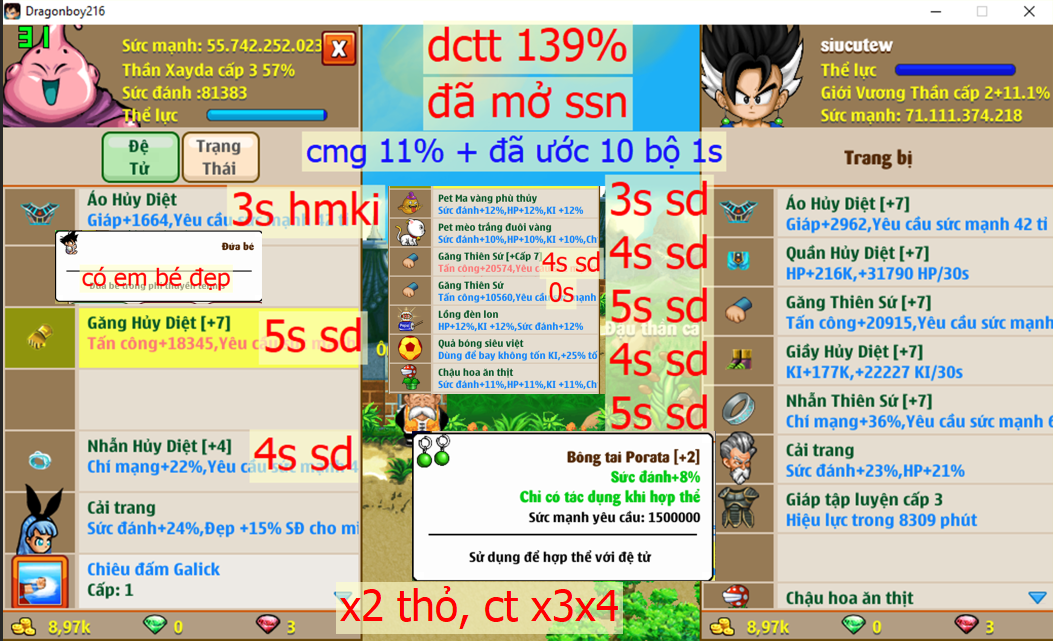 [Đã Bán]Ms 4391 – Trái đất vip có set +7, (ko còn em bé), dctt 139%, có x3 găng thiên sứ 5s4s0s, x1 găng hd 5s sd, cmg 11%, đã ước 10 bộ 1s, đã mở ssn, btc2 8% sd, hoa cạp cạp, lồng đèn, x2 pet, x2 thỏ, ct x3x4 , ….