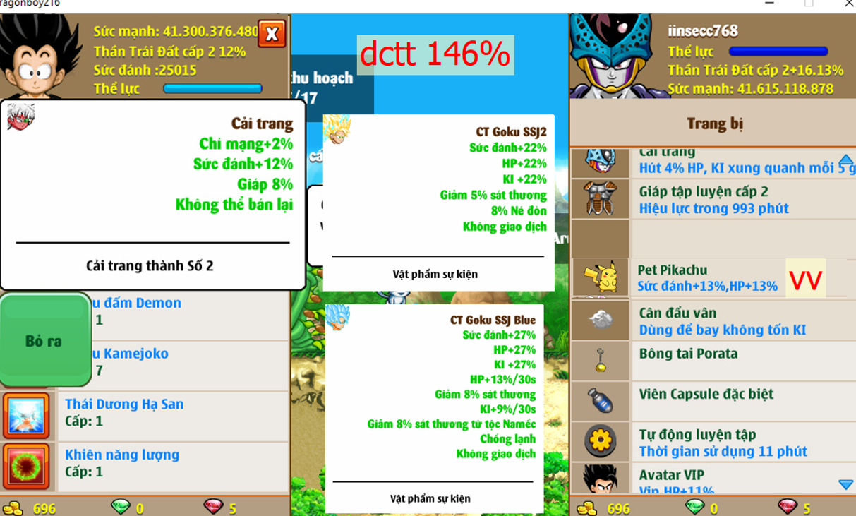 Ms 4404 – Trái đất 41ti dt 41ti, kame tdhs khiên, dctt 146%, glt2, csdb, pet #pikachu, ct goku ssj blue, ct goku ssj2, ct cell con, số 2, avt 1s, apk 20, vô hình, apk 13, skill 77775666