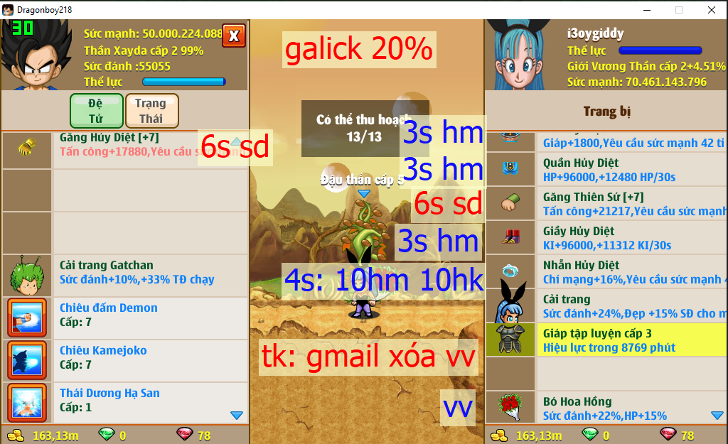 [Đã Bán]Ms 4415 (treo thuê) – Xayda chơi sd, 70ti dt 50ti, x1 găng ts 6s sd + g hd 6s sd, full set hd, ntai galick 20%, hoa hồng vv, x1 thỏ, ct 2 ty vàng, avt 1s, cell con, apk 13, vô hình, frost 3, … skill 77773566