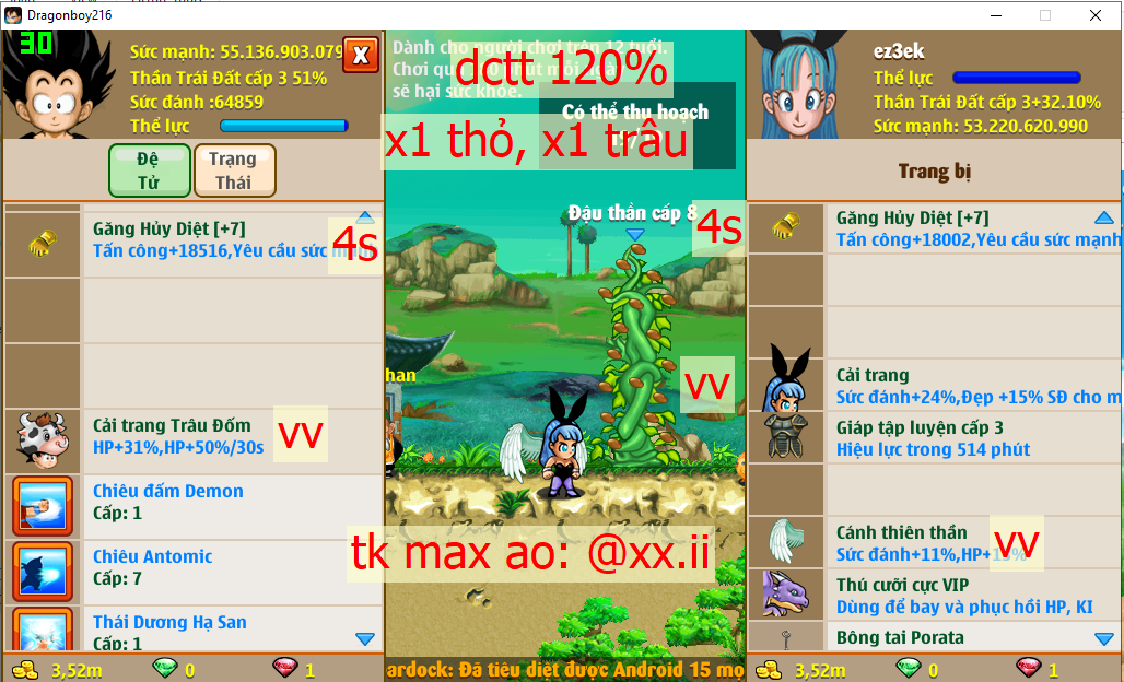 [Đã Bán]Ms 4593 – Trái đất 52ti dt 55ti, atomic tdhs trứng, dctt 120%, cánh vv, x2 găng hd c7 18k 4s, x1 thỏ, trâu đóm, yadrat, csdb, cell con, buibui, apk 20, … skill 77777766