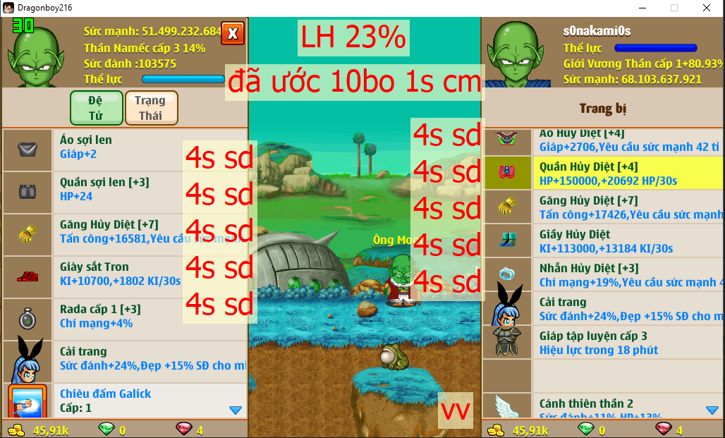 [Đã Bán]Ms 4596 (giá cả đồ) (tk miền ảo)- Nameck 68ti dt 51ti9, LH 23%, có btc2, đã ước 10b 1s cm, full set hd 4s sd, x2 g hd 4s sd, x2 thỏ, cánh vv, avt 10k ngọc v, x2 cell con, …. skill 77777767