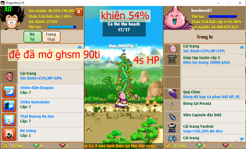 [Đã Bán]Ms 4603 (tk 12 số) – Trái đất khiên 54%, 44ti sm dt 46ti, kame 7 tdhs 7 trứng, ct mabuu, drabura, yacon, buibui, cell con, … x16 ct, skill full 77777777