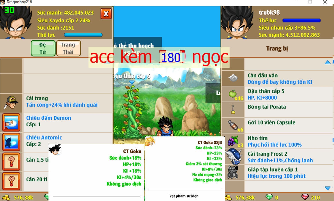 Ms 4605 (tặng kèm 180 ngọc) – Trái đất 4ti5 dt 482tr, atomic c2, có btai, ct goku SSJ3, ct goku, ct apk 13, frost 2, skill 77711034