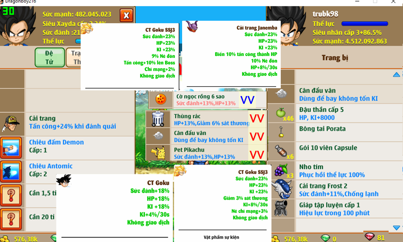 Ms 4605 (tặng kèm 40 ngọc) – Trái đất 4ti5 dt 482tr, atomic c2, có btai, pet #pikachu, thùng rác, ct goku SSJ3, ct goku, ct apk 13, frost 2, skill 77711034