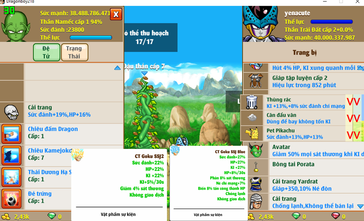 Ms 4607 – Trái đất 40ti dt 38ti8, kame tdhs trứng, pet #pikachu, ct goku SSJ Blue, ct goku ssj2, ct cell con, buibui, yadrat, glt2, bông băng, frost 3, số 2, vô hình, skill 77771545