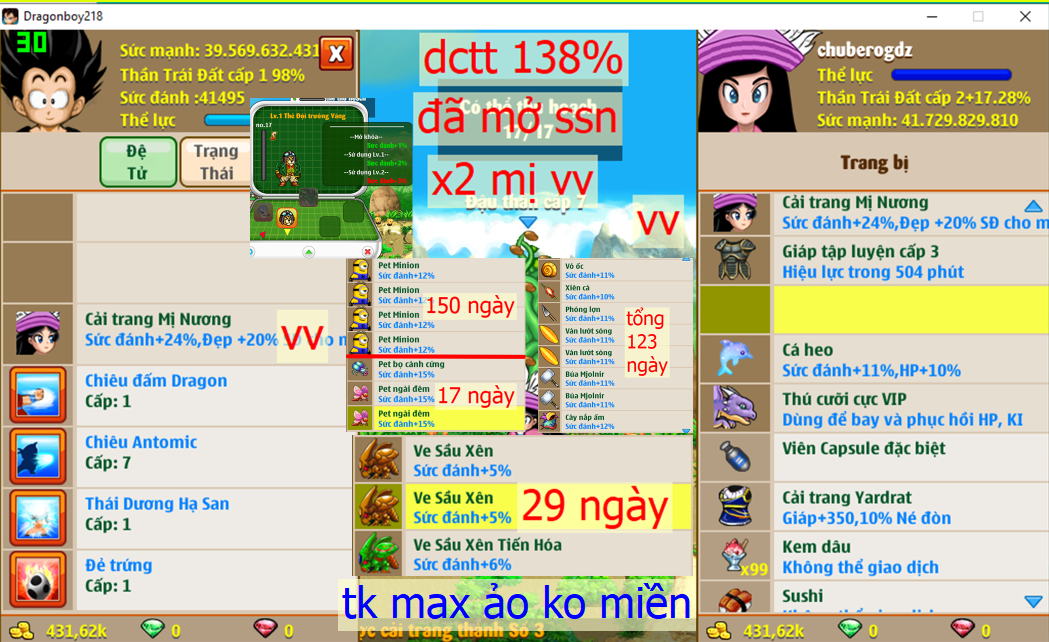 [Đã Bán]Ms 4609 (td id đẹp chuberogdz) – Trái đất 41ti dt 39ti, atomic tdhs trứng, x2 mị vv, dctt 138%, đã kik ssn, glt 3, csdb, yadrat, mabuu, drabura, yacon, buibui, cell con,… skill 77777666