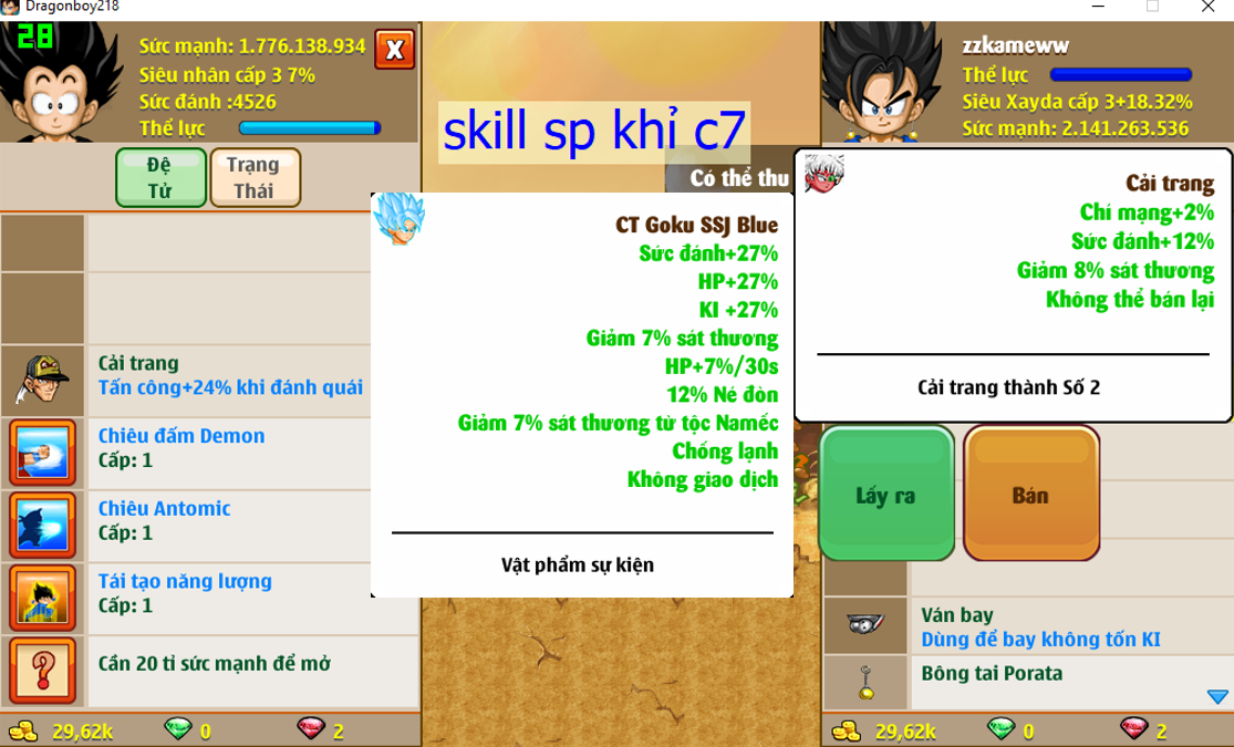Ms 4374 – Xayda 2ti1 dt 1ti7, atomic ttnl, có bông tai, ct goku ssj blue, apk 13, số 2, khỉ cấp 7, skill 77771034