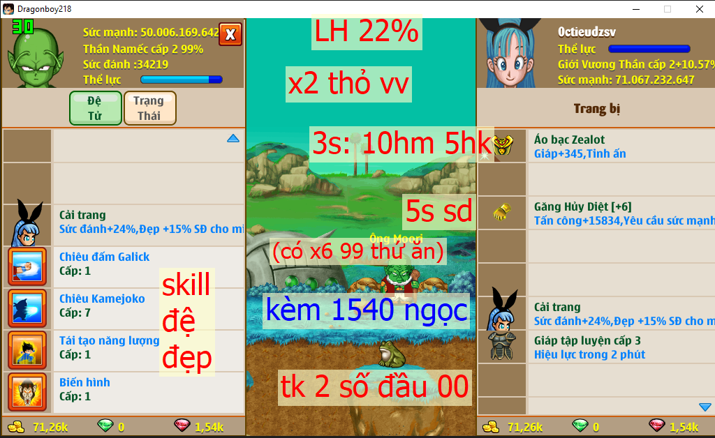 [Đã Bán]Ms 4825 (kèm 1540 ngọc) – Nameck 71ti dt 50ti, kame ttnl khỉ,  LH 22%, x1 găng hd 5s, x2 thỏ, yadrat, glt 3, còn dư x6 99 thức ăn