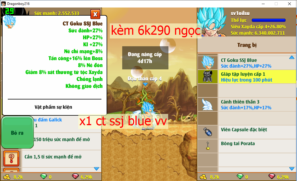 [Đã Bán]Ms 4828 (kèm 6k290 ngọc) — xayda 6ti3 dt 2tr sm, cải trang goku ssj blue vv, bông tai, csdb,