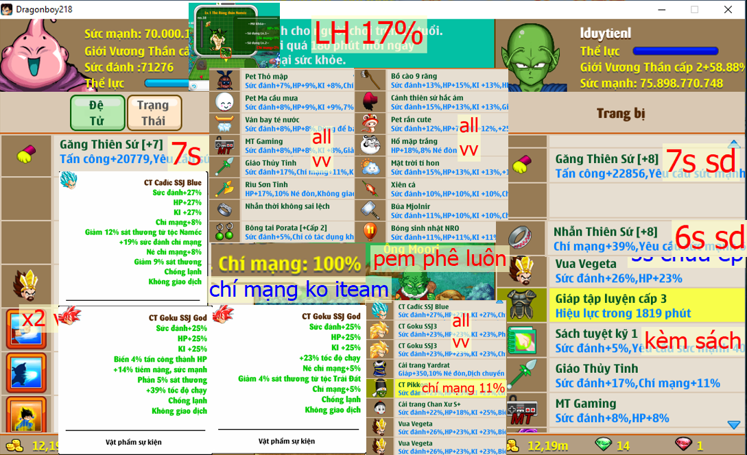 Ms 6310 (kèm sách) – Siêu phẩm nameck #lduytienl, x2 găng thiên sứ c8 + c7 7 sao, nhẫn ts c8 6s sd, cmg 13% đã ước 10b 1s, cm vĩnh viễn 100% (ko iteam), x2 ct goku ssj god, cadic blue, ….