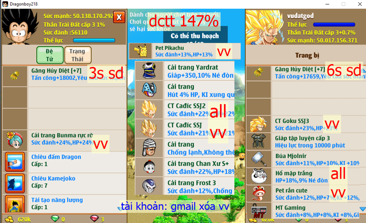 (đã bán) Ms 6321 – Trái đất 50ti dt 50ti, kame ttnl trứng, dctt 147%, x2 găng hd c7 6s + 3s, glt c3, csdb, pet #pikachu, yadrat, ván MT, búa Mjolnir, pet rắn + pet hổ, ct goku SSJ3, ct bunma rực rỡ, ct cadic SSJ, cadic SSJ2, cell con, bb, chan xư S, bb, frost3, ….