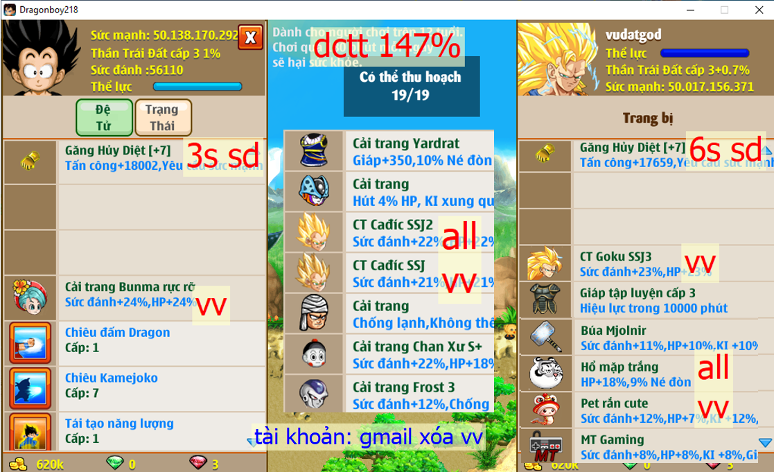 Ms 6321 – Trái đất 50ti dt 50ti, kame ttnl trứng, dctt 147%, x2 găng hd c7 6s + 3s, glt c3, csdb, yadrat, ván MT, búa Mjolnir, pet rắn + pet hổ, ct goku SSJ3, ct bunma rực rỡ, ct cadic SSJ, cadic SSJ2, cell con, bb, chan xư S, bb, frost3, ….