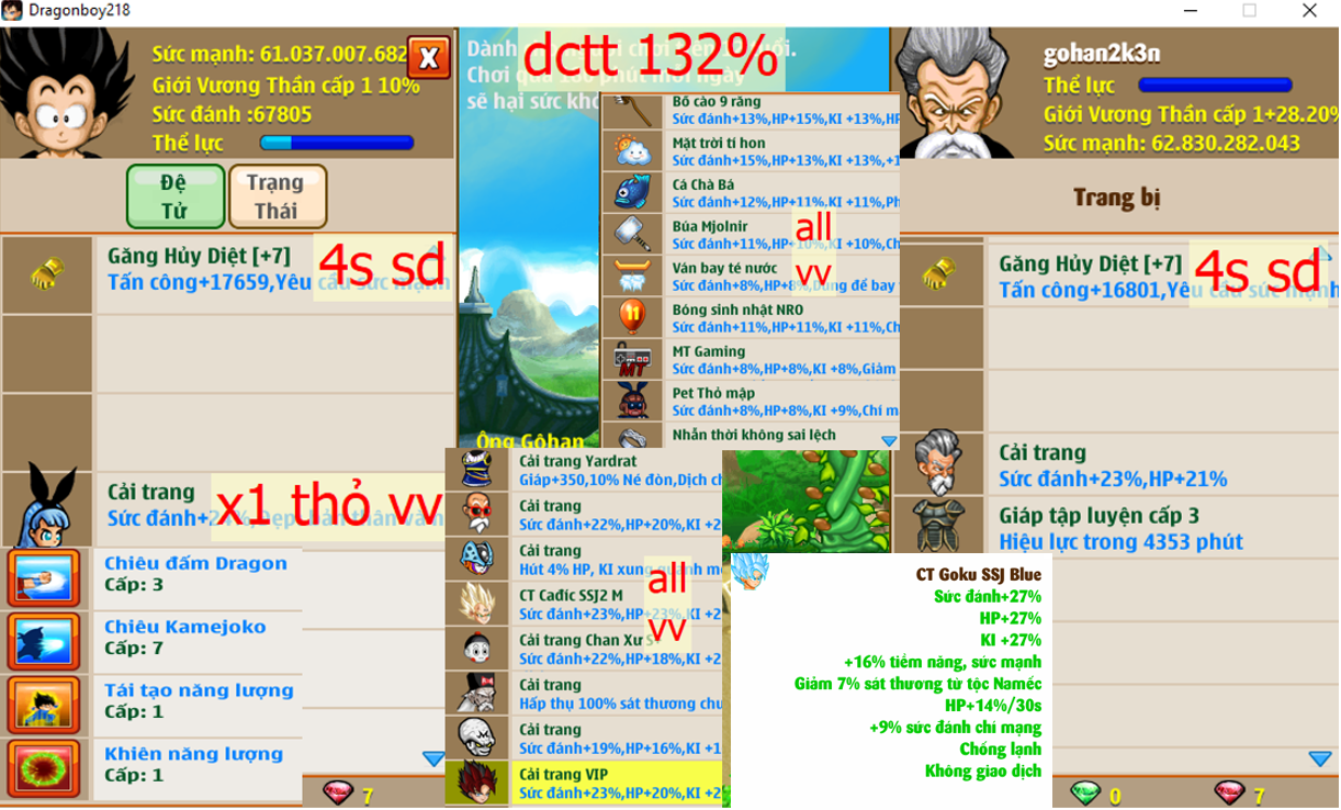 Ms 6329 – Trái đất 62ti dt 61ti, kame ttnl khiên, dctt 132%, x2 găng hd c7 4s, x1 thỏ, ct x3x4, ct vip vv, ct goku SSJ Blue vv,….