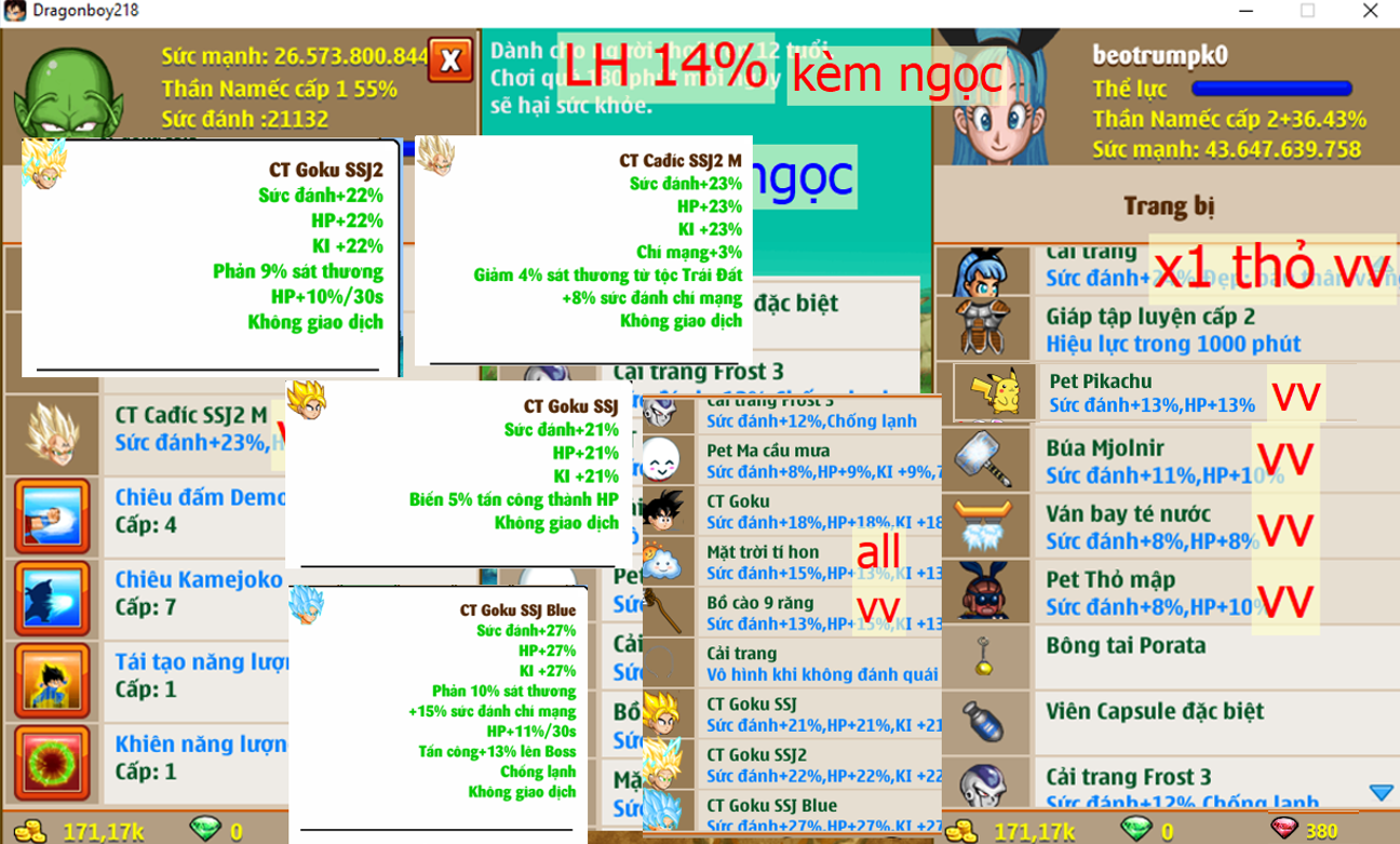 (đã bán) Ms 6335 (kèm 380 ngọc) – Nameck 43ti dt 26ti, kame ttnl khiên, LH 14%, x1 thỏ, ct cadic SSJ2 M, ct goku ssj blue, goku ssj2, ct goku ssj, frost3, chan xư s, vh, ct goku, phụ kiện đầy đủ, pet #pikachu