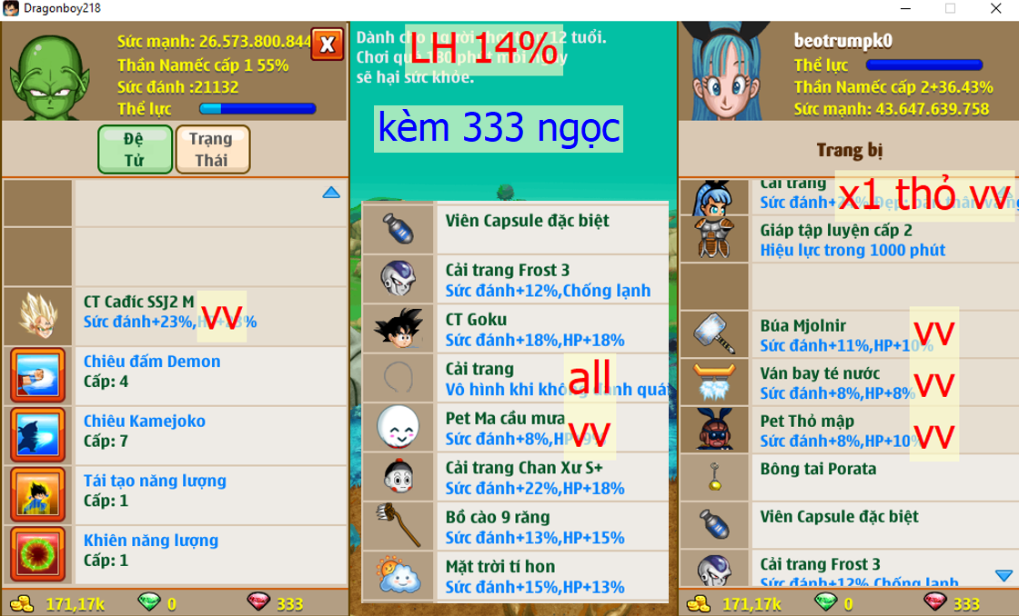 Ms 6335 (kèm 333 ngọc) – Nameck 43ti dt 26ti, kame ttnl khiên, LH 14%, x1 thỏ, ct cadic SSJ2 M, frost3, chan xư s, vh, ct goku, phụ kiện đầy đủ