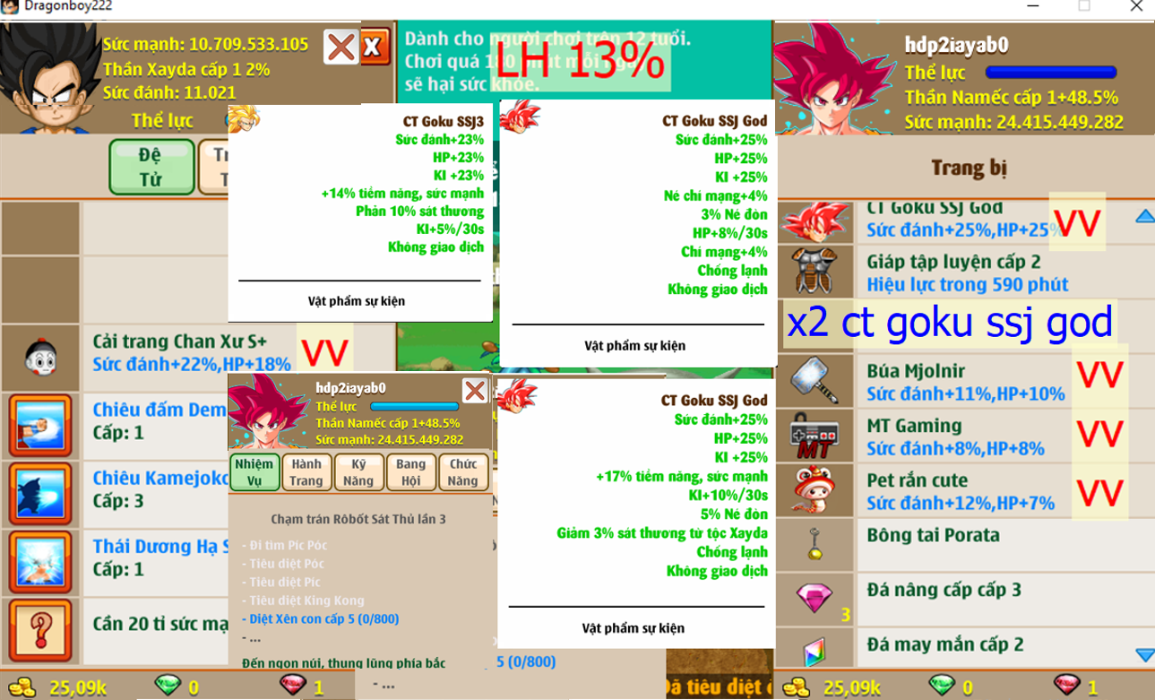 (đã bán) Ms 6345 – Nameck 24ti4 dt 10ti7, kame tdhs, LH 13%, giáp c2, LH 13%, x2 ct goku ssj god vv, ct chan xư s+, ct goku ssj3, ván MT, pet rắn, đeo lưng búa Mjolnir