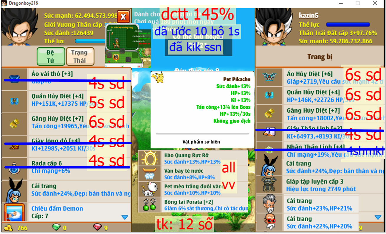 Ms 6347 (ko đồ) – Trái đất #kazin5, dctt 145%, x2 găng hd c7 6s sd, áo + w hd 6s sd, x1 w hd đệ 5s sd, x2 thỏ, ct x3x4, đã kik ssn, đã ước 10b 1s, pet #pikachu, phụ kiện đầy đủ,……