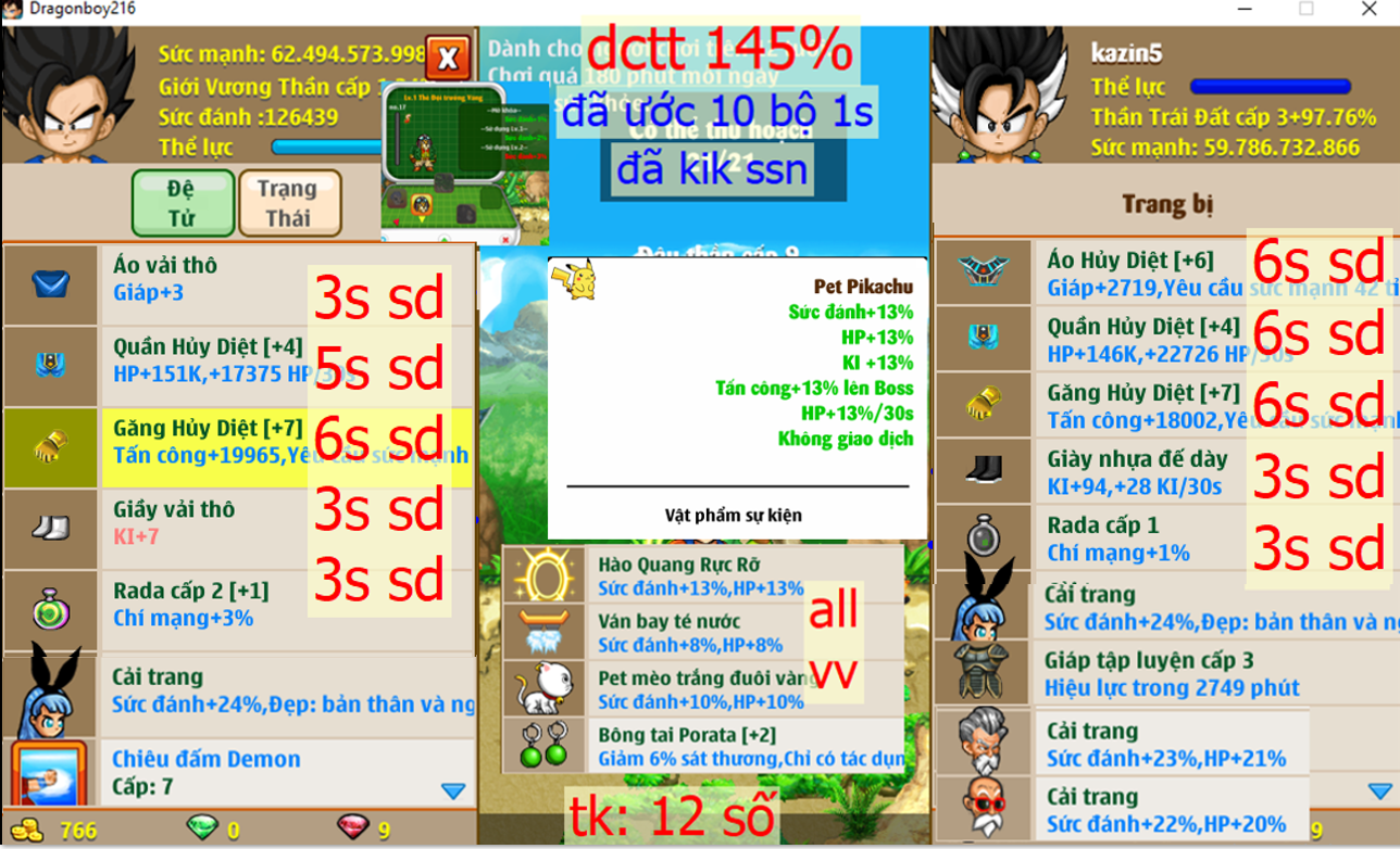 Ms 6347 (cả đồ) – Trái đất #kazin5, dctt 145%, x2 găng hd c7 6s sd, áo + w hd 6s sd, x1 w hd đệ 5s sd, x2 thỏ, ct x3x4, đã kik ssn, đã ước 10b 1s, pet #pikachu, phụ kiện đầy đủ,……