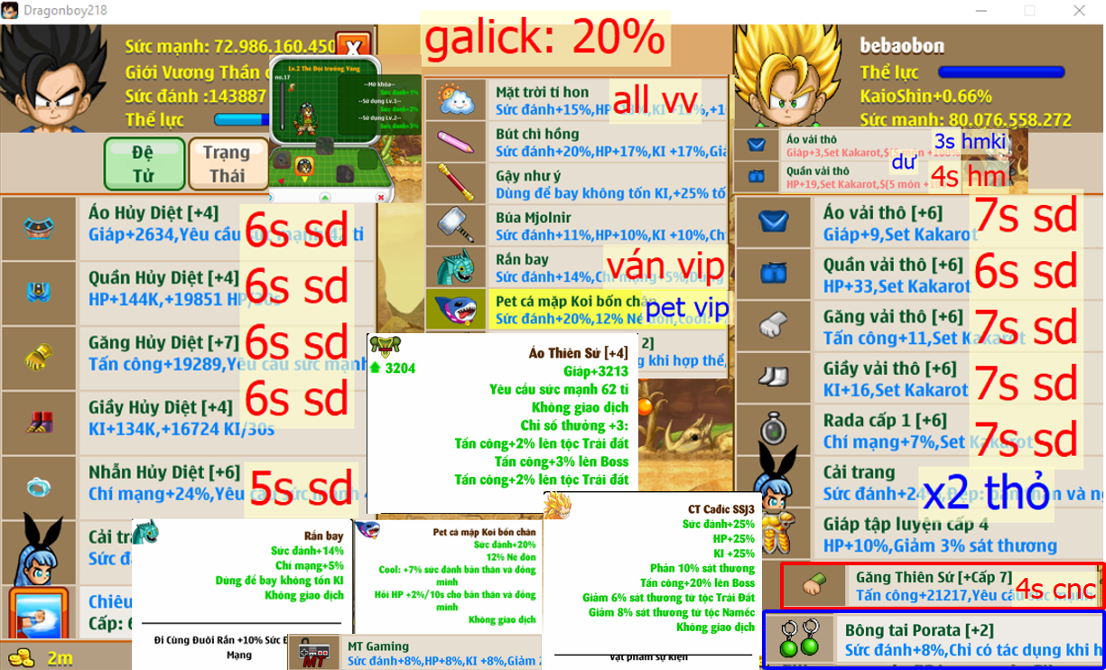 Ms 6268 (rao thuê) – Siêu phẩm set kakarot #bebaobon, set kkr 77776s (dư 2 món kkr), full set hd 66665s, giáp c4, galick 20%, kik ssn LV2, ct cadic SSJ3 tc 20% lên boss