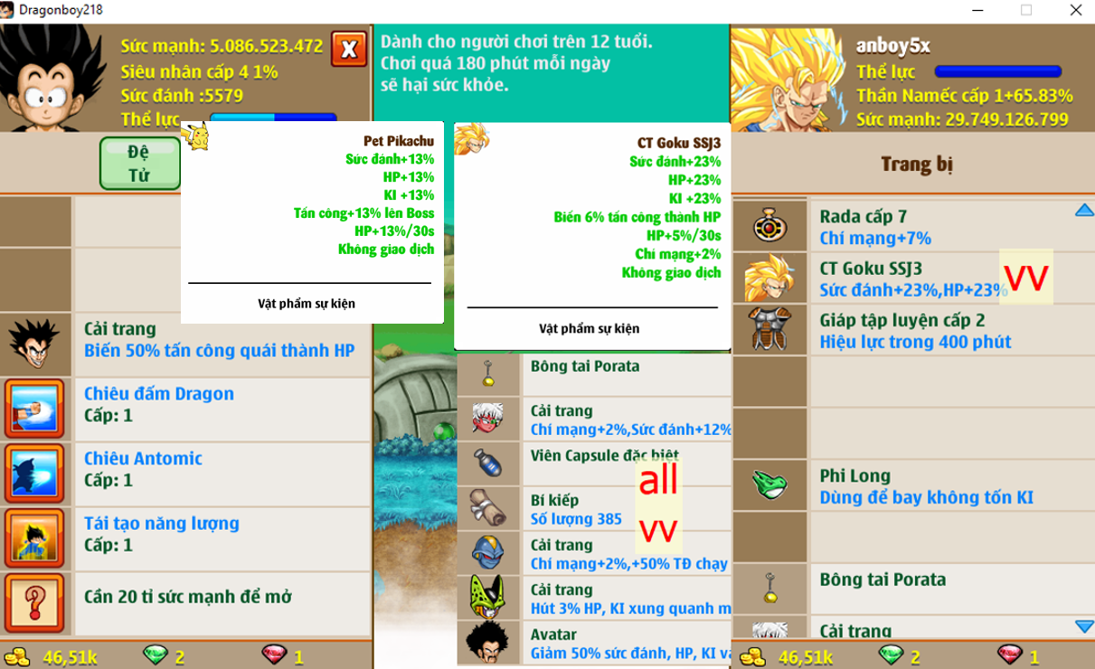 (đã bán) Ms 6361 – Nameck 29ti dt 5ti atomic ttnl, pet #pikachu, ct goku SSJ3, dracula, cell 3, số 2, số 1