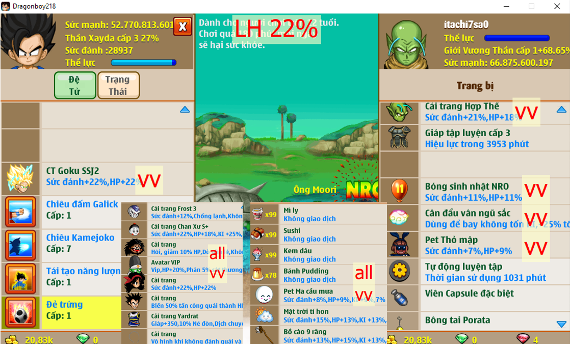 (đã bán) Ms 6369 – Nameck #itachi7sao 66ti sm dt 52ti, kame tnl trứng, LH 22%, ct goku ssj2, ct hợp thể, ltn vv, yadrat, chan xư s, …