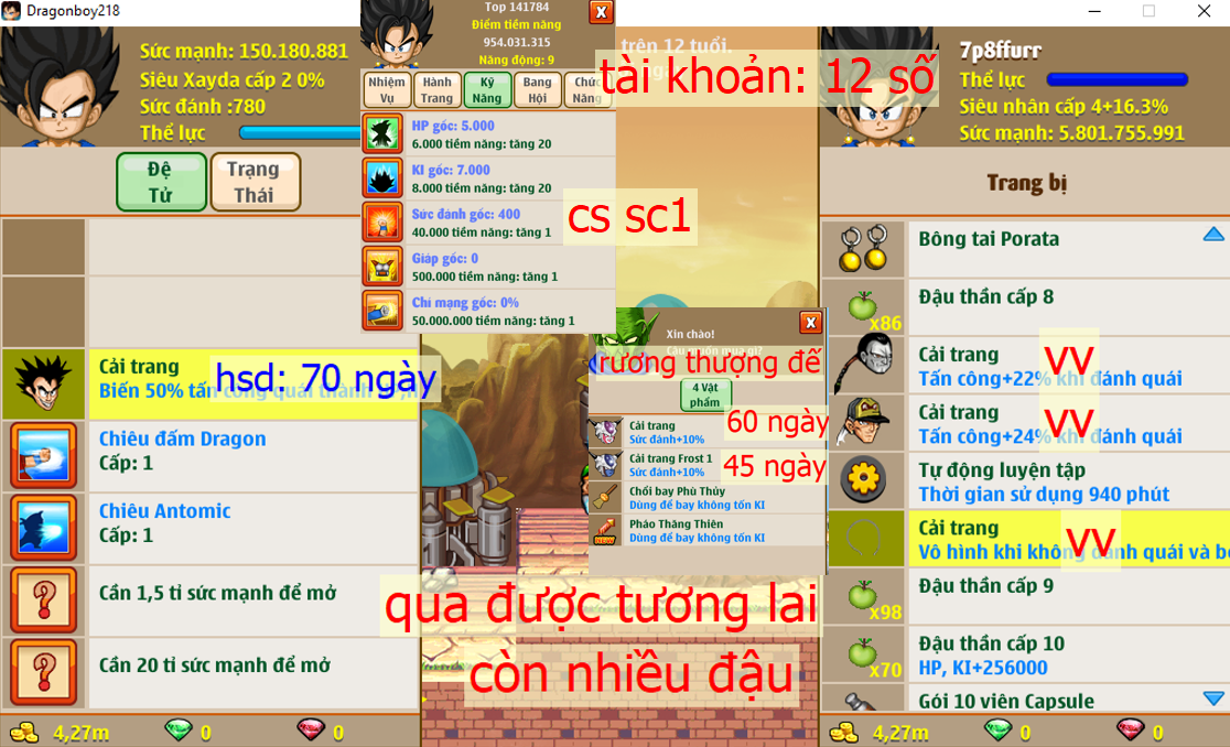 (đã bán) Ms 6376 td sc sc1, qua được tương lai có bông tai, skill 2 atomic, ct vô hình, apk 13 14 vv — #65k ATM —