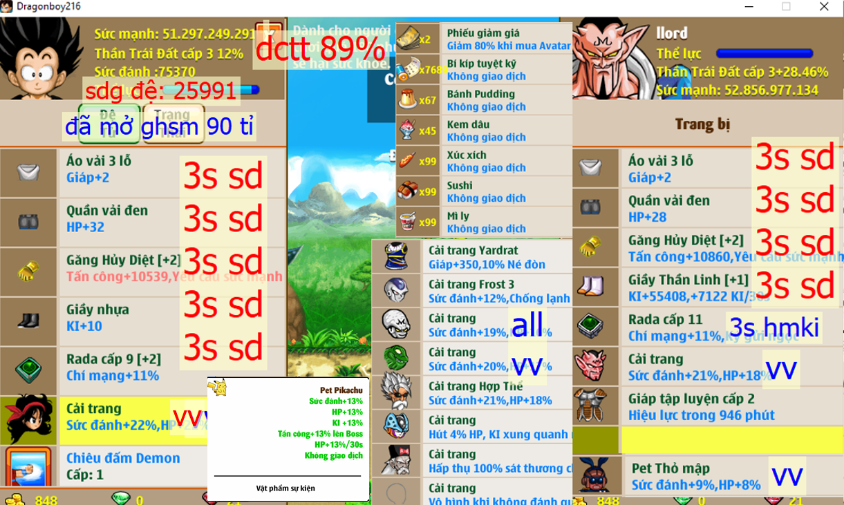 (đã bán) Ms 6377 (cả đồ) – Trái đất 52ti dt 51ti, kame tdhs trứng (đệ ghsm 90 tỉ sdg 25991), dctt 89%, x2 găng hd 3s, pet #pikachu, ct lý tiểu nương vv, drabura, buibui, yacon, cell con, apk 20, …