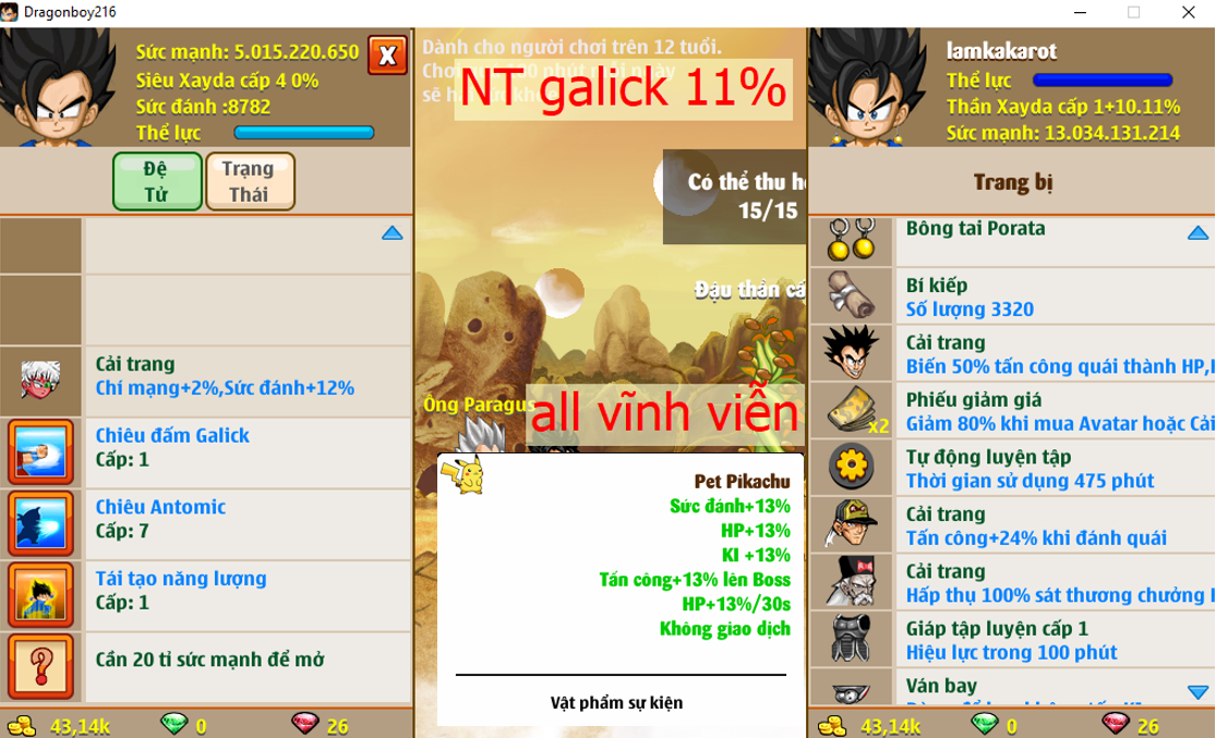 Ms 6395 – Xayda 13ti dt 5ti, atomic 7 ttnl, NT galick 11%, pet #pikachu, ct dracula, số 2, apk 20, apk 13, 3k3 bí kiếp