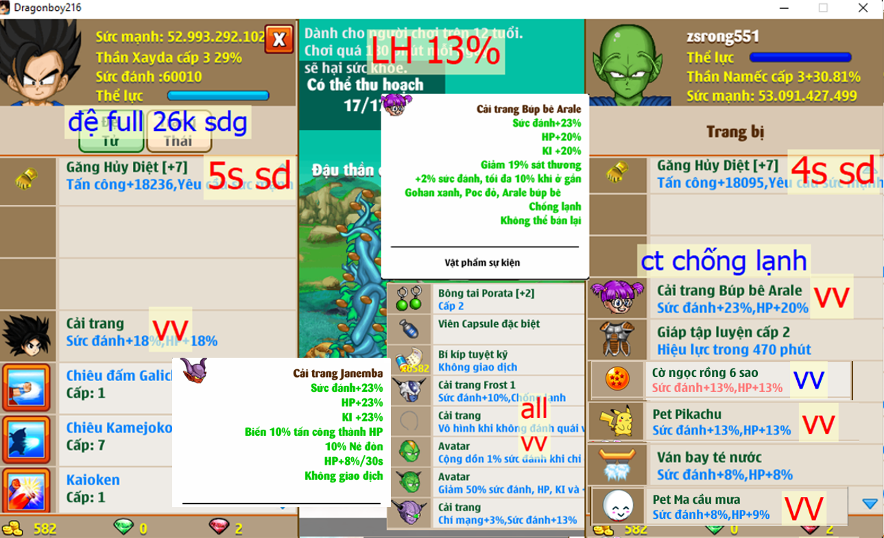 Ms 6383 – Nameck 53ti dt 52ti (đệ full 26k sdg), LH 13%, x2 găng hd c7 5s4s, btc2 zin, csdb, giáp c2, cờ nr 6s, ván té nước, pet #pikachu, ct arale chống lạnh, ct janemba, ct caulifla, frost 1, vh, tiểu đội trưởng,