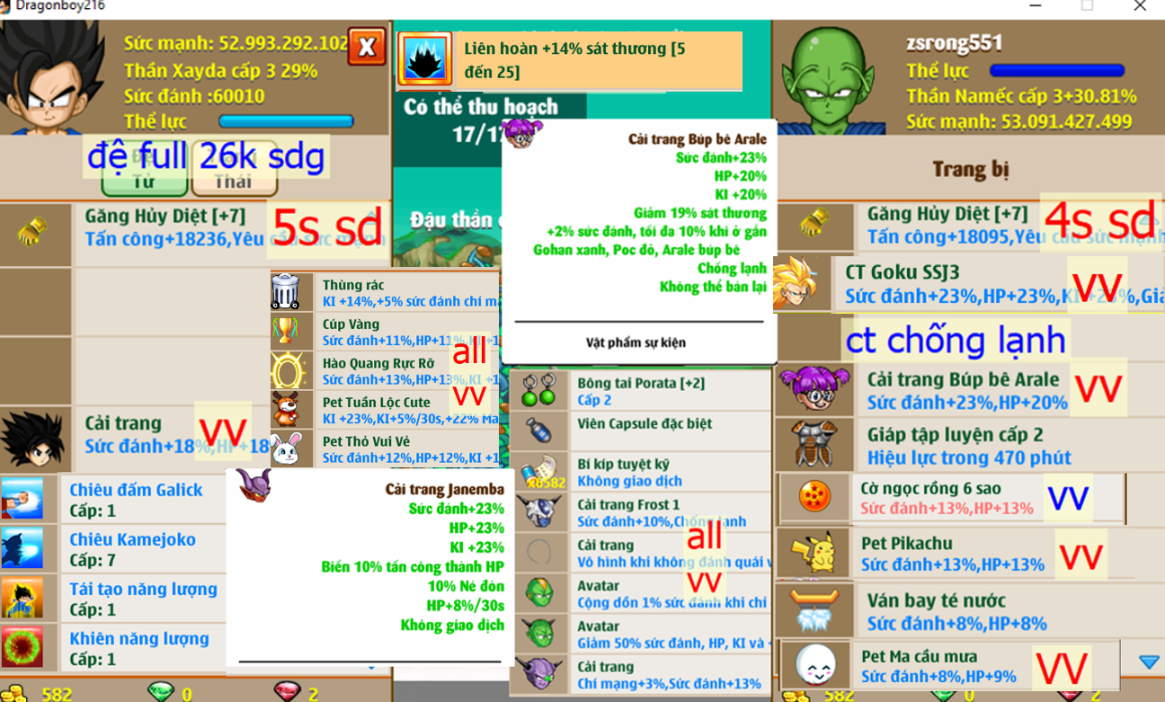 (đã bán) Ms 6383 – Nameck 53ti dt 52ti (đệ full 26k sdg), LH 14%, x2 găng hd c7 5s4s, btc2 zin, csdb, giáp c2, cờ nr 6s, ván té nước, pet #pikachu, ct arale chống lạnh, ct janemba, ct caulifla, frost 1, vh, tiểu đội trưởng,