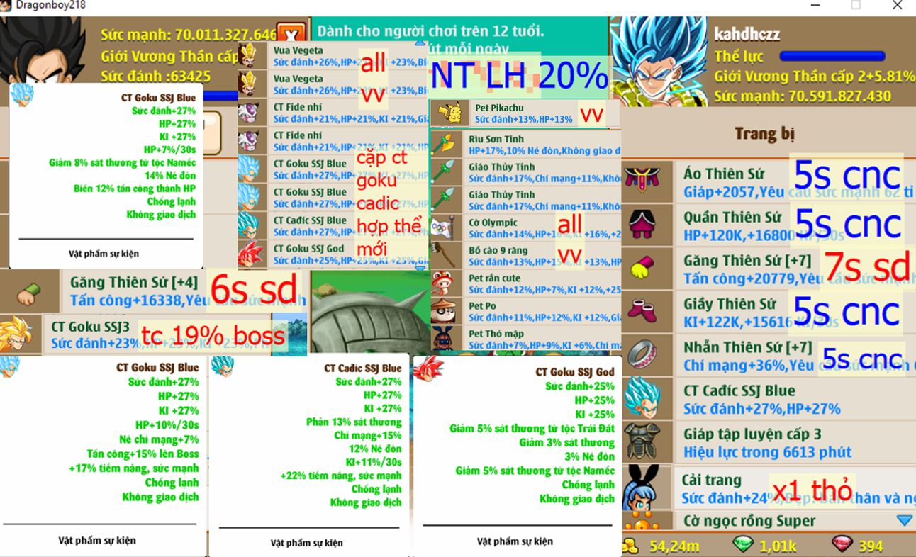 (ĐÃ BÁN) Ms 6393 – Nameck vip x2 găng ts 7s + 6s + set ts 5s, ct goku SSJ God, ct goku + cadic blue hợp thể mới đẹp, pet #pikachu,….