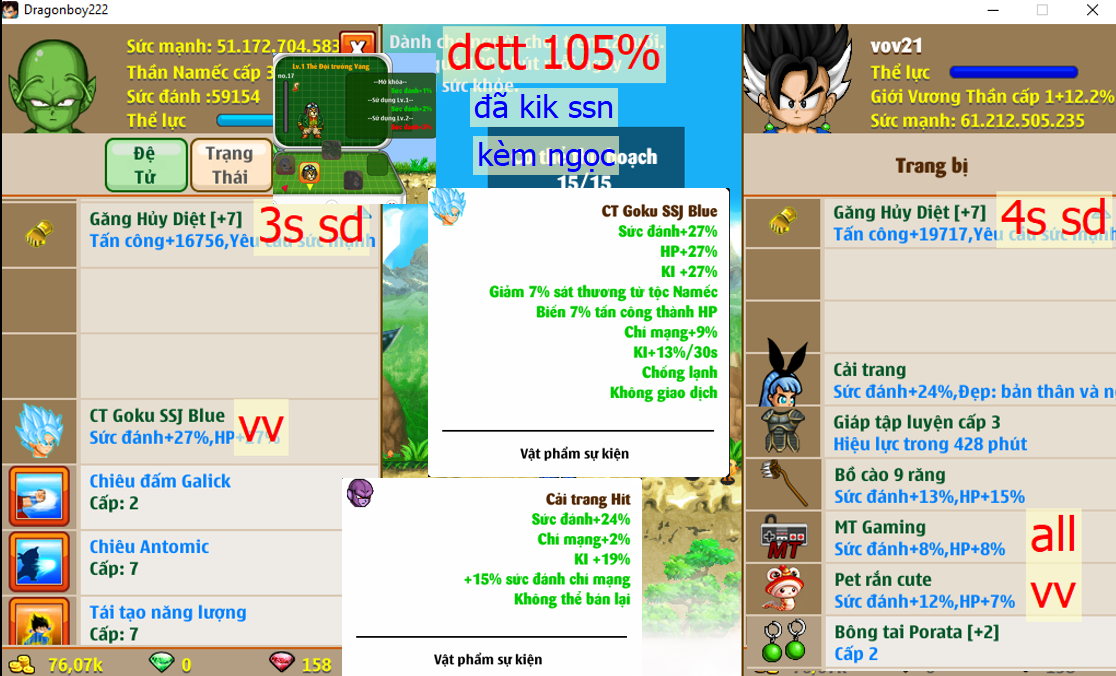 (đã bán) Ms 6401 (kèm ngọc) – Trái đất id #vov21 X2 găng hd c7 4s3s, x1 thỏ, ct goku ssj blue, hit, yadrat, csdb, yadrat, giáp c3