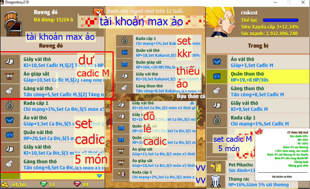 (đã bán) Ms 6500 – Xayda 2 set kh id đẹp #riskest, 1 set cadic M 5 món (dư 3 món) + 1 set cadic 5 món (dư 7 món), có 1 set kkr 4 món (thiếu áo) [all đồ zin], ct goku  ssj god, pet pikachu