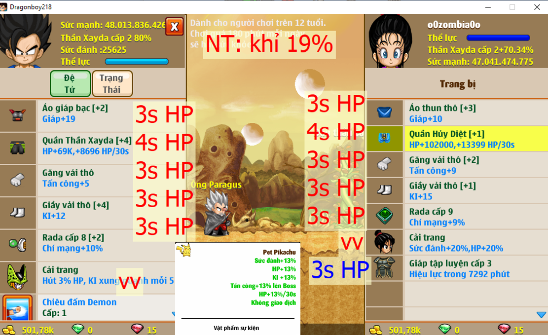 (đã bán) Ms 6511 – Xayda 47ti dt 48ti, kame ttnl khiên, NT khỉ 19%, pet, pikachu, x1 w hd 4s HP, giáp c3, csdb, x4 99 thức ăn, ct chichi vv, cell 3, yadrat, vh, bb