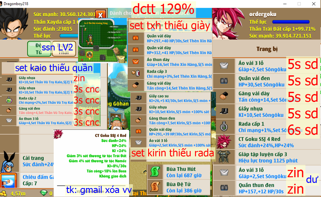 (đã bán) Ms 6518 (còn bùa up đệ) – Trái đất set songoku 5s6s (có 2 món sgk dư), set kaio thiếu quần, set kirin thiếu rada, set txh thiếu giày, ct goku ssj 4 red vv, x1 thỏ, cadic ssj blue, … pet pikachu