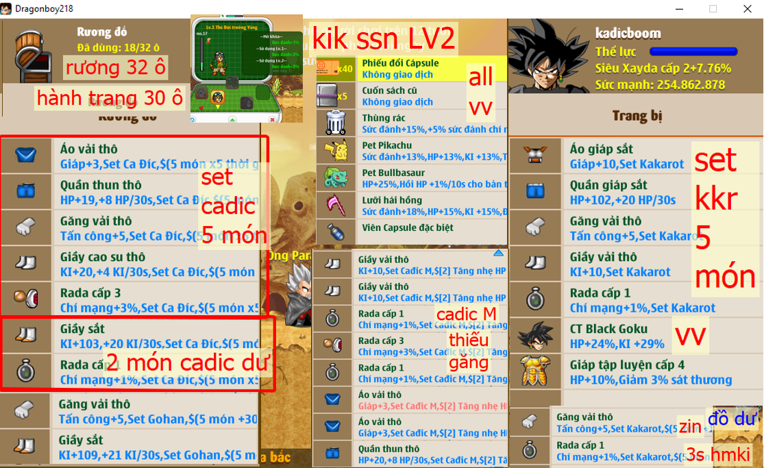 Ms 6526 – id #cadicboom dành cho ae thích cày cuốc vui nek Xayda 2 set kh (sắp đủ 3 set) — set kkr đủ 5 món (dư 2 món) — set cadic đủ 5 món (dư 2 món) — set cadic M (thiếu găng) — GIÁP C4, ct black goku vv, lưỡi hái, pet vip bullbasaur, pikachu, thùng rác