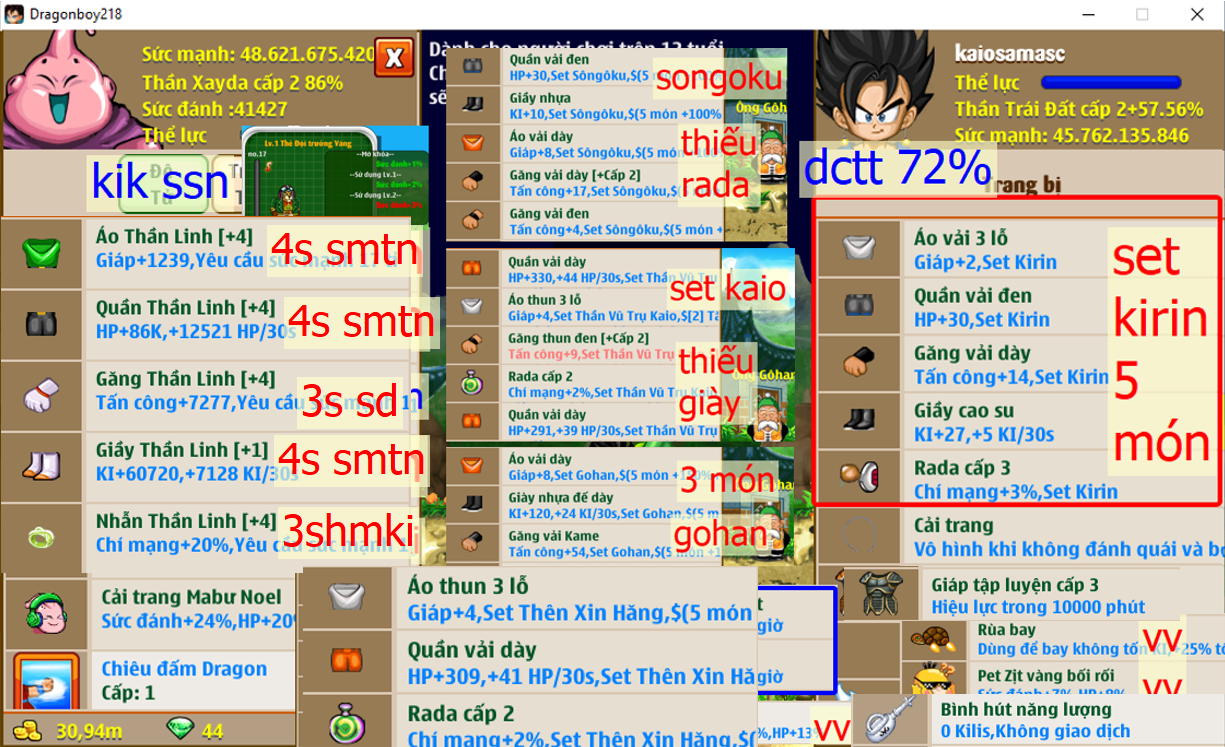 Ms 6534 (kèm đồ) – Trái đất đủ set kirin, dctt 72%, phụ kiện đầy đủ, nhiều cải trang, set songoku (thiếu rada), set TVT kaio (thiếu giày),