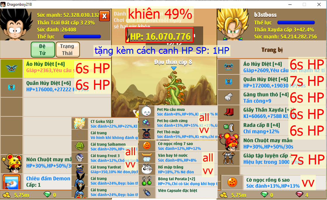 Ms 6546 – Xayda săn đệ canh SP còn 1HP , Xayda kèm all đồ như hình, x2 nón, x2 thỏ, …