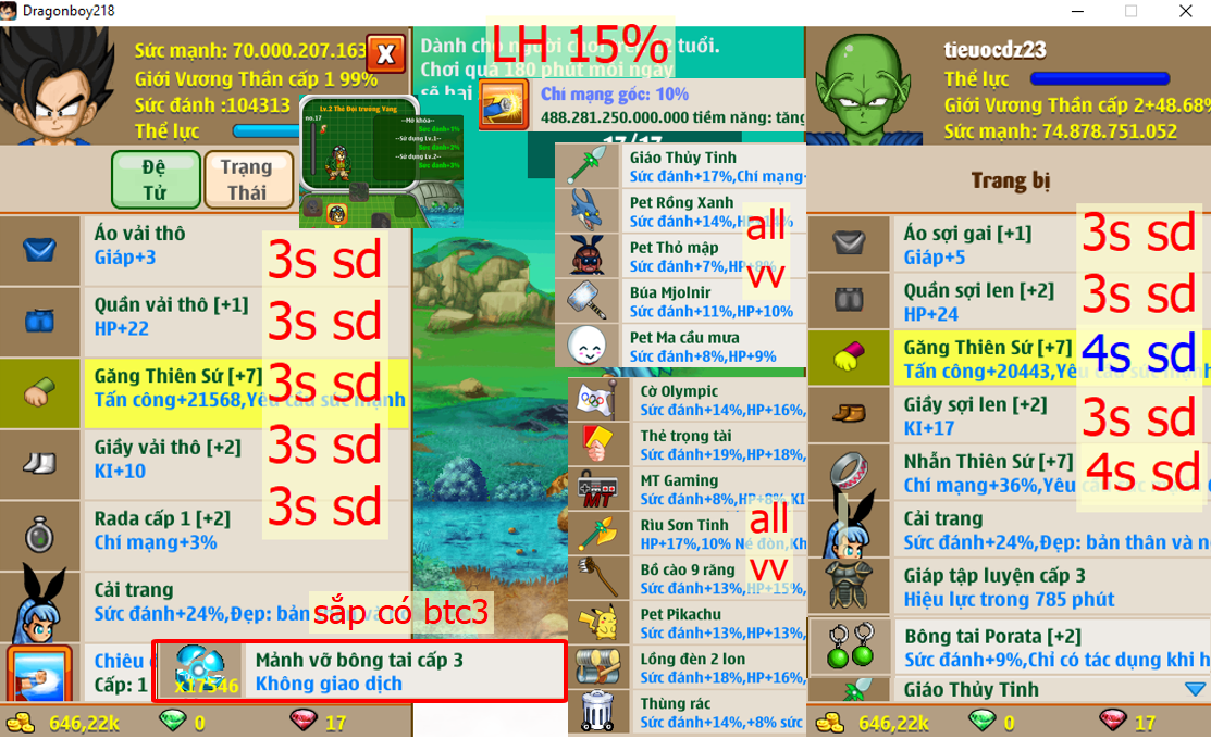 (đã bán) Ms 6602 (cả đồ) – Nameck 74ti dt 70ti, kame ttnl trứng, LH 15%, kik ssn LV2, cmg 10%, 17k5 mảnh btc3, x2 găng thiên sứ c7 4s3s, x2 thỏ