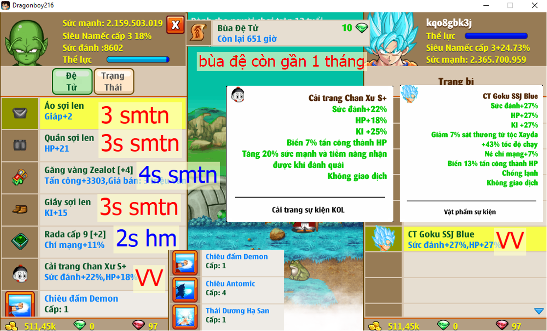 Ms 6607 (kèm đồ) – Nameck 2ti2 dt 2ti1, atomic 4 tdhs, bùa đệ còn gần 1 tháng, có bông tai, ct goku SSJ blue, chan xư s