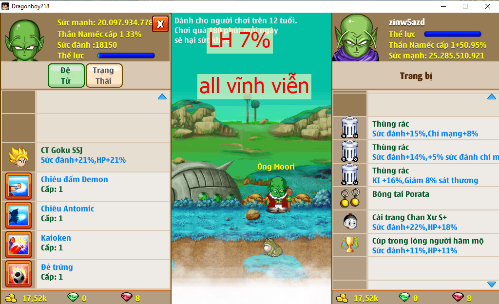 (đã bán) Ms 6616 – Namec 25ti dt 20ti, atm kaioken trứng, LH 7% ct goku ssj, chan xư s, bông tai, cúp + thùng rác