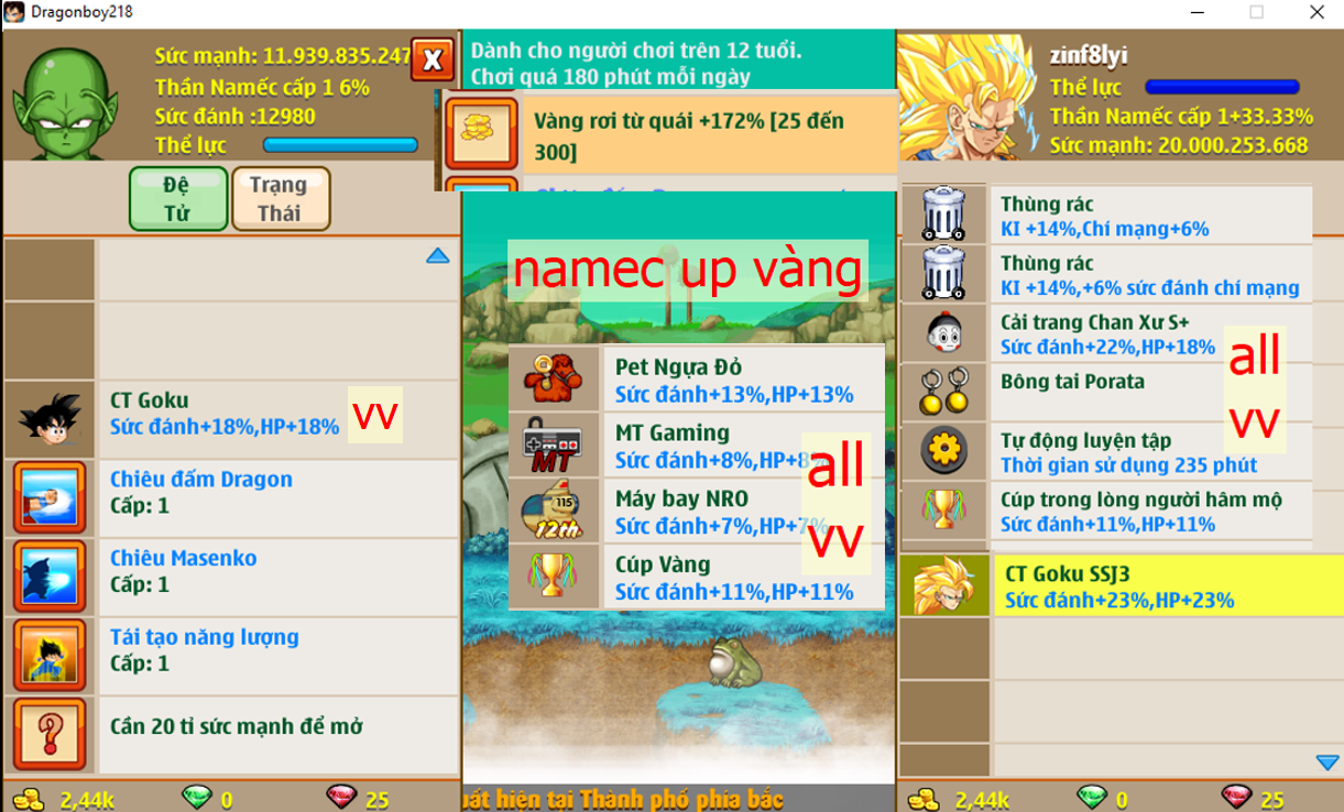 Ms 6617 – Namec up vàng NTV 172%, 20ti sm dt 11ti9, msk ttnl, ct goku ssj3, ct goku, chan xư s, cúp + thùng rác, ván MT, ván bay nro, pet ngựa đỏ
