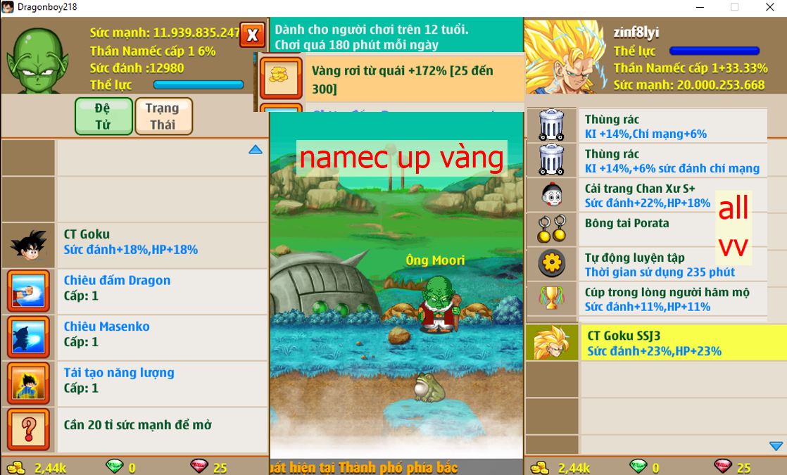 Ms 6617 – Namec up vàng NTV 172%, 20ti sm dt 11ti9, msk ttnl, ct goku ssj3, ct goku, chan xư s, cúp + thùng rác