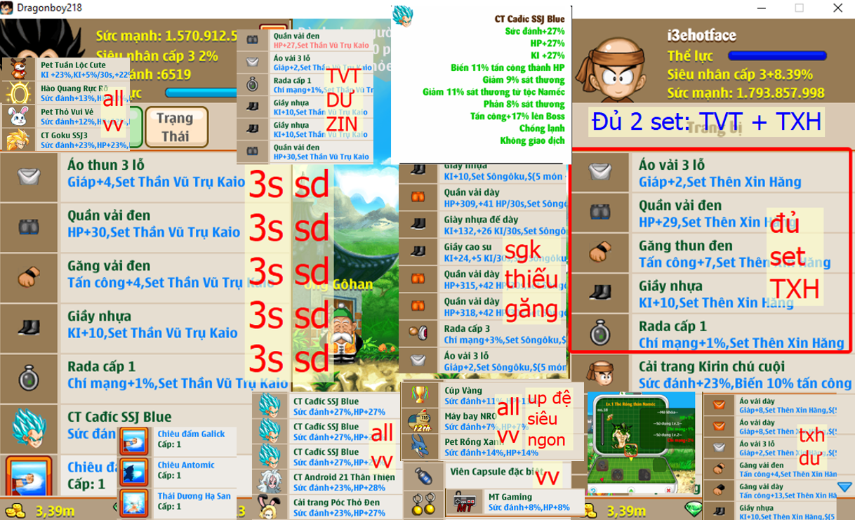 Ms 6621 (kèm 1200 ngọc) – Trái đất ti7 dt 1ti5, atomic tdhs, set TVT đủ 5 món (có dư), set TXH đủ 5 món (có dư), đã kik rồng, phụ kiện đầy đủ, x3 ct cadic ssj blue (có tc boss 17%), ct apk 21 thân thiện, póc thỏ đen, ct kirin chú cuội, …