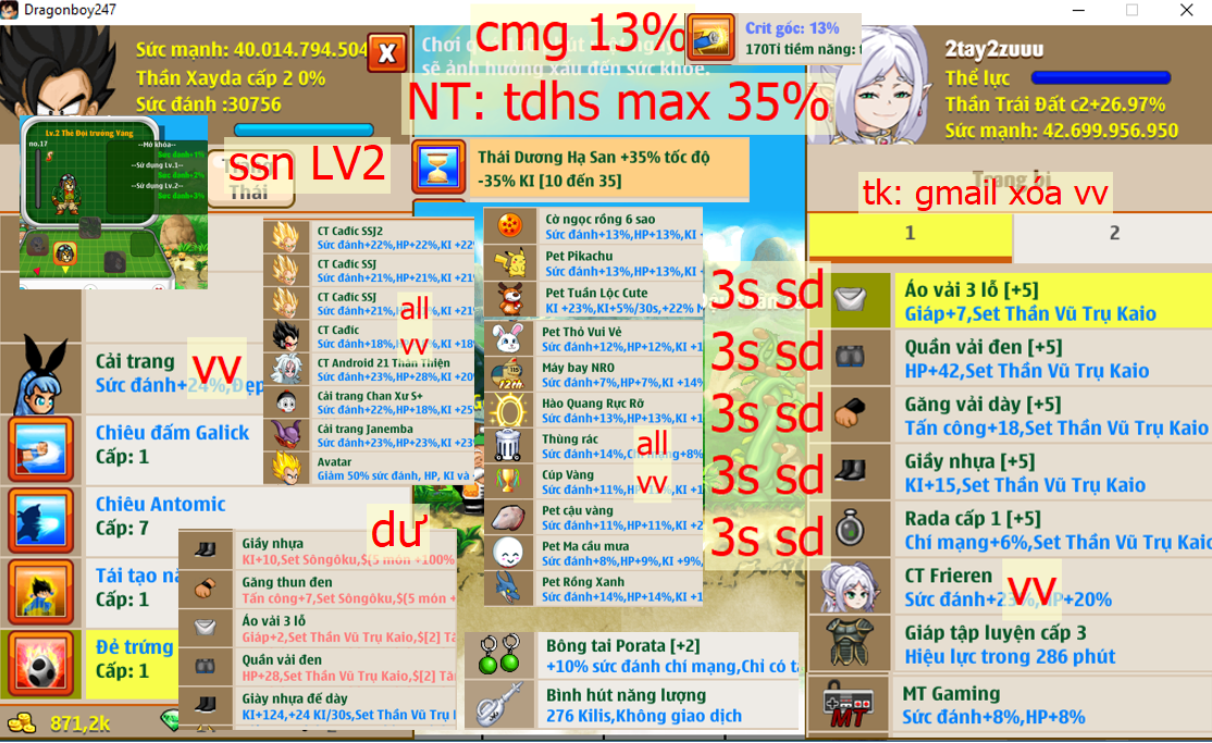 Ms 6635 – Trái đất id #2tay2zuuu, SKH TVT kaio 3s (có đồ dư), có trứng + bình, ct frieren, x1 thỏ, cmg 13%, ssn LV2,  btc2 10% sdcm