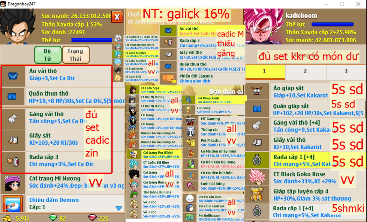 Ms 6636 – Xayda id #cadicboom – Đủ set kkr 5s sd (dư rd kkr 5s hmki), đủ set cadic zin, set cadic M (thiếu găng), giáp c4, x1 mị vv, x2 thỏ, nhiều ct + phụ kiện ngon