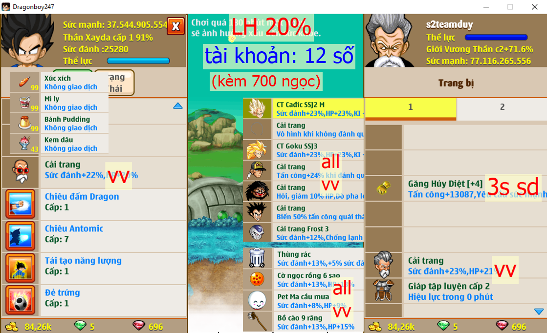 Ms 6640 (kèm 700 ngọc) – Nameck 77ti dt 37ti, atomic ttnl trứng, LH 20%, ct x3x4, cadic ssj M, goku ssj3, frost3, …