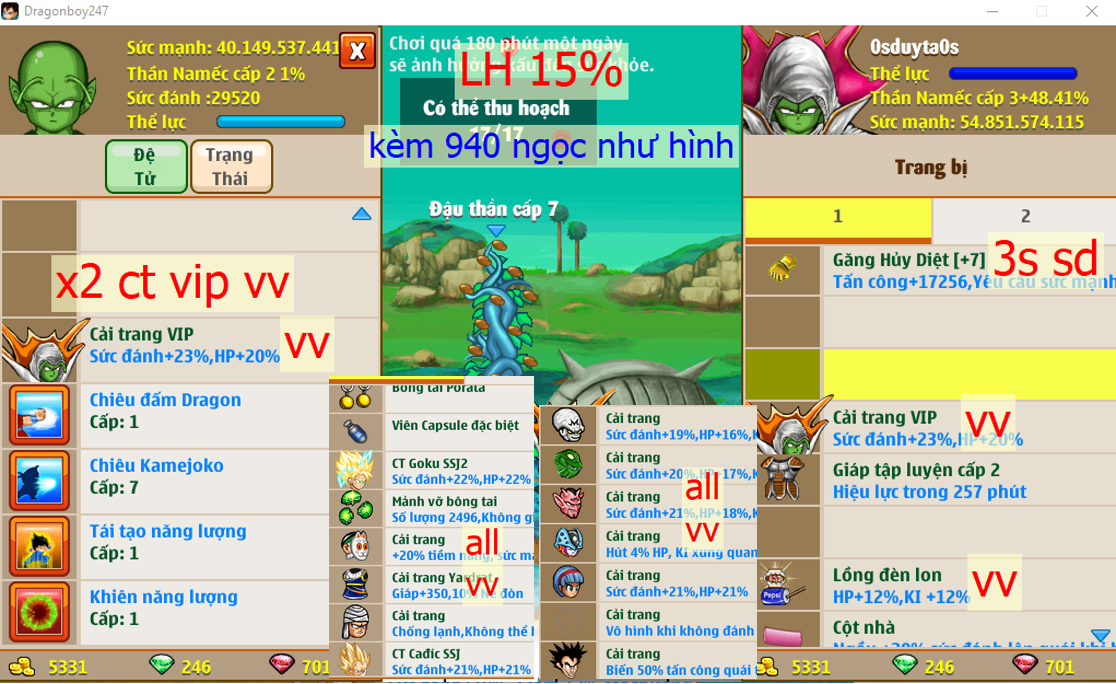 Ms 6641 – Nameck 54ti dt 40ti, kame ttnl khiên, LH 15%, x2 cải trang vip vv, yadrat, csdb, cell con, ….