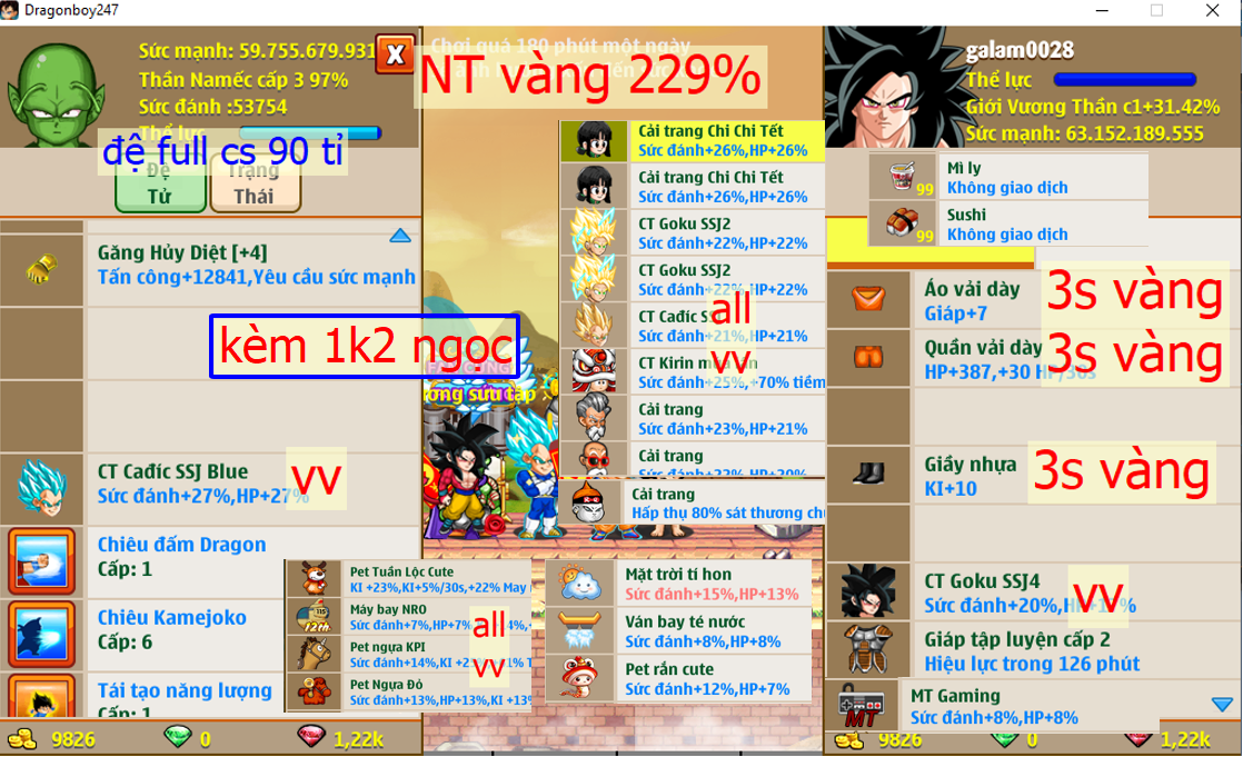 Ms 6646 (kèm đồ + 1k2 ngọc) – Trái đất up vàng, x1 găng hd, ct goku ssj4, cadic blue, ct x3x4, x2 chichi tết, …