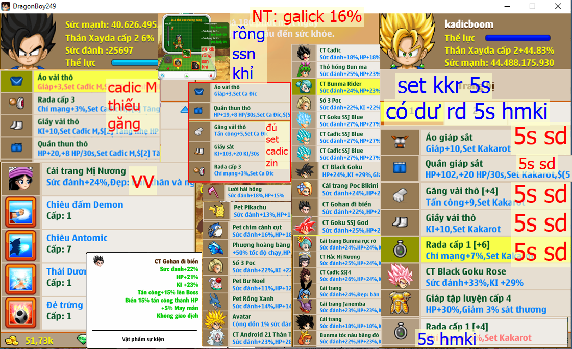 Ms 6669 – Xayda id #cadicboom – Đủ set kkr 5s sd (dư rd kkr 5s hmki), đủ set cadic zin, set cadic M (thiếu găng), giáp c4, x1 mị vv, x1 thỏ, nhiều ct + phụ kiện ngon